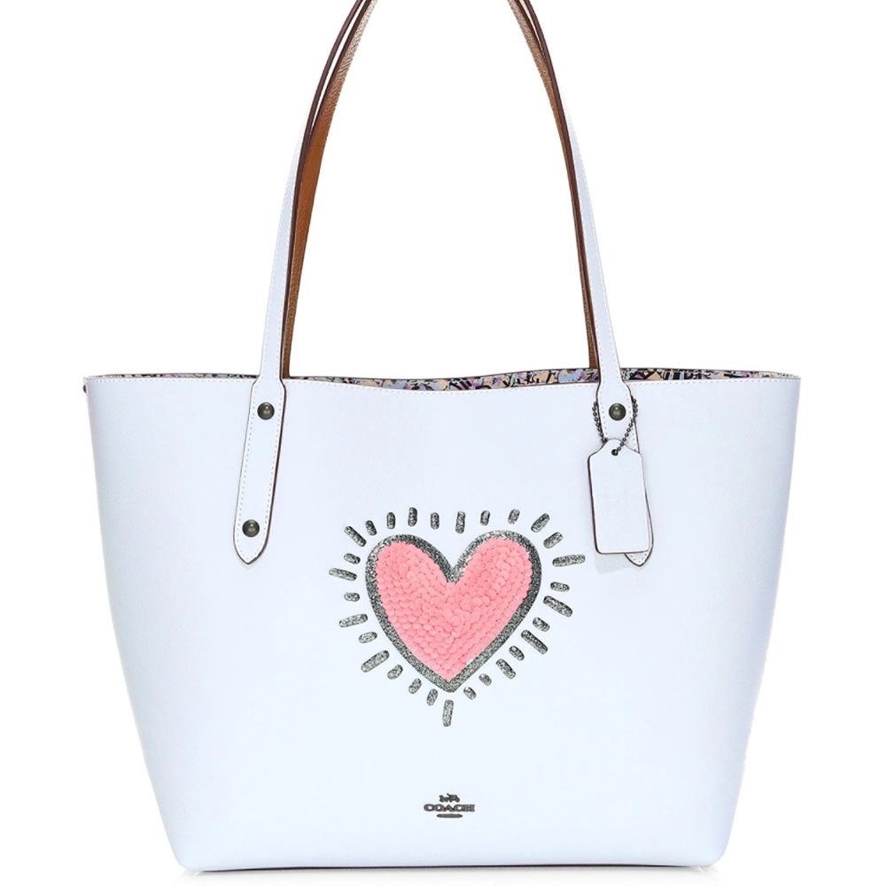 COACH Keith Haring Sequin Heart Leather Market Tote in Ice Blue NWT